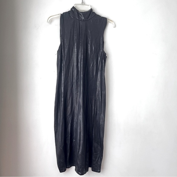 Anna Sui Dresses & Skirts - Anna Sui Vintage Black Wet Look Metallic Mock Neck Sleeveless Midi Dress 6